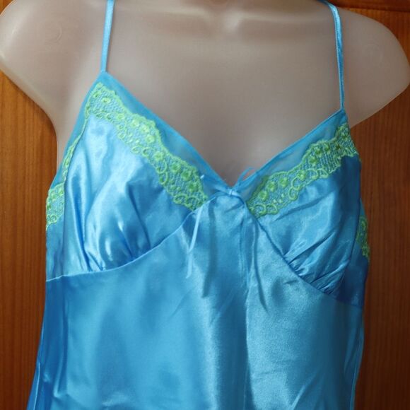 Morgan Taylor Blue Lime Green Satin Pajama Short Set Vintage 90s Medium - Picture 4 of 12